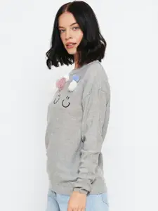 FOREVER 21 Women Grey Embroidered Pullover Sweater