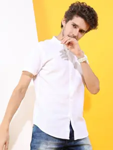 HIGHLANDER Men White Slim Fit Solid Cotton Linen Casual Shirt