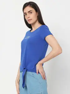 Vero Moda Women Blue Typography Printed Pure Cotton T-shirt with Tie-Ups