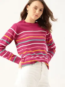 DressBerry Women Pink & Yellow Striped Pullover