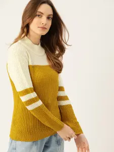 DressBerry Women Mustard Yellow & Off-White  Colourblocked Ribbed Pullover