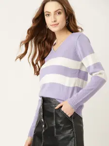 DressBerry Women Purple & White Striped Pullover
