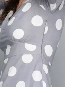 SASSAFRAS Grey & White Polka Dot Print Cotton Linen Midi A-Line Dress