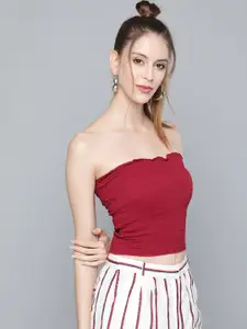 SASSAFRAS Women Maroon Smocked Tube Crop Top