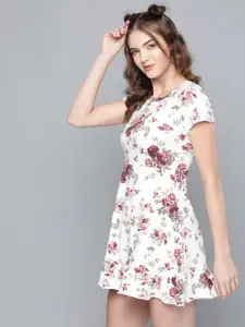 SASSAFRAS Women Off White & Maroon Floral Print A-Line Dress