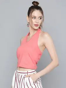 SASSAFRAS Women Peach-Coloured Halter Neck Cotton Regular Crop Top