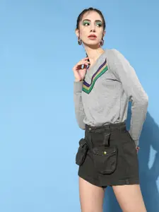 DressBerry Women Grey Melange Striped Sweatshirt