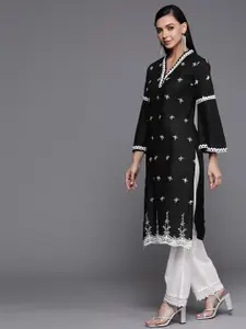 Libas Women Black & White Floral Motifs Embroidered Bell Sleeves Cotton Thread Work Kurta
