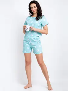 Boston Club Women Turquoise Blue & White Printed Night Suit