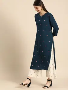Anouk Women Navy Blue Embellished Mirror Work Dobby Kurta