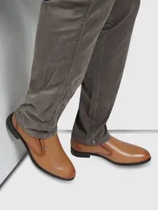 ID Men Tan Brown Solid Leather Formal Slip-On Shoes