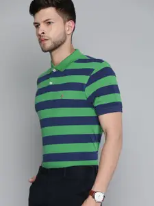 Indian Terrain Men Green & Blue Striped Polo Collar Pure Cotton T-shirt