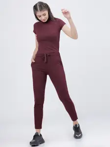 Tokyo Talkies Women Burgundy Solid High Neck T-shirt