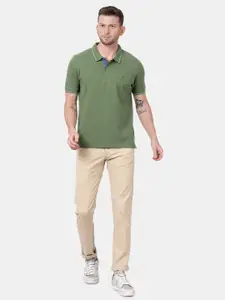 t-base Men Green Solid Polo Collar Cotton T-shirt