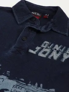 Gini and Jony Boys Navy Blue Cotton Tropical Printed Polo Collar Applique T-shirt