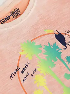 Gini and Jony Infant Boys Peach-Coloured  Green Pure Cotton Tropical Printed Pure Cotton T-shirt