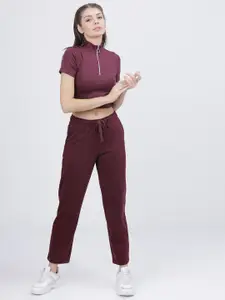 Tokyo Talkies Women Burgundy Solid High Neck T-shirt