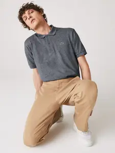 Lacoste Men Charcoal Grey Pure Cotton Solid Polo Collar T-shirt