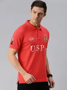 U.S. Polo Assn. U S Polo Assn Men Coral Red Brand Logo Embroidered Polo Collar Slim Fit Pure Cotton T-shirt
