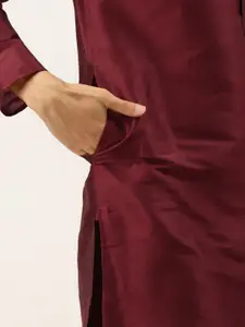 SOJANYA Men Maroon Solid Kurta Set With Printed Jacket
