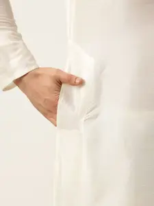 SOJANYA Men Off White & Teal Green Kurta with Churidar And Nehru Jacket