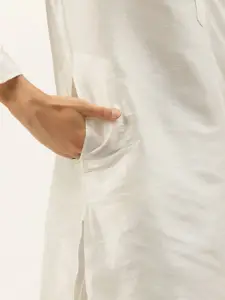 SOJANYA Men Off White Floral Kurta with Churidar & Nehru Jacket