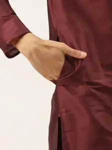 SOJANYA Men Maroon & Olive Green Jacquard Woven Design Kurta with Churidar & Nehru Jacket