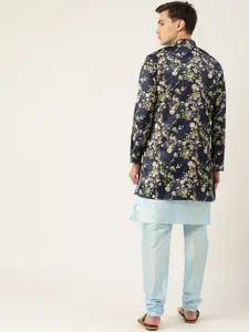 SOJANYA Men Blue & Beige Floral Printed Kurta with Churidar