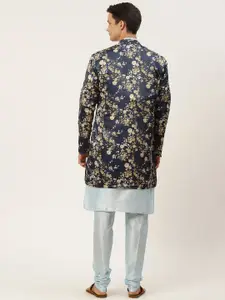 SOJANYA Men Blue Solid Kurta Set With Printed Jacket