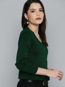 Chemistry Women Deep Green V Neck Full Sleeved Pullover Sweater