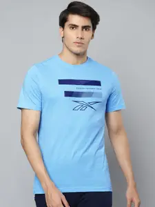 Reebok Men Blue Brand Logo Graphic Print Cotton Training Roy Basic T-shirt