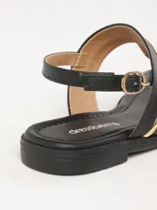 DressBerry Women Black & Gold-Toned Striped T-Strap Flats