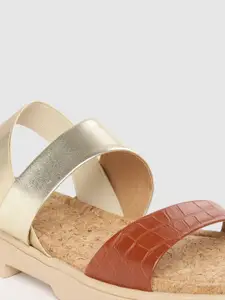 DressBerry Women Brown & Gold-Toned Croc Textured Open Toe Flats