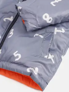 YK Infant Boys Navy Blue & Orange Typography Print Reversible Padded Jacket