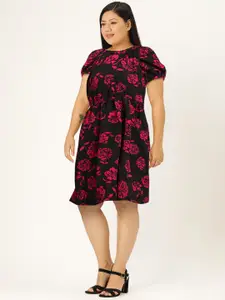 all about you Black & Pink Floral Printed A-Line Dress