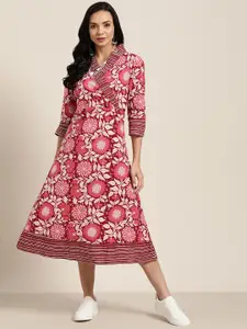Sangria Maroon & White Ethnic Motifs Cotton Wrap Dress