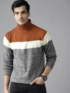 Roadster Men Mustard Yellow & Charcoal Grey Colourblocked Pullover