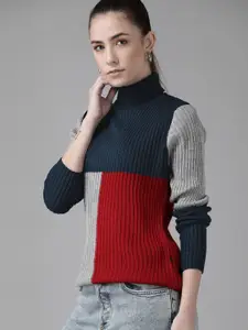 Roadster Women Navy Blue & Grey Melange Colourblocked Ribbed Pullover