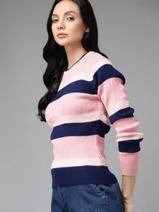Roadster Women Pink & Navy Blue Acrylic Striped Pullover