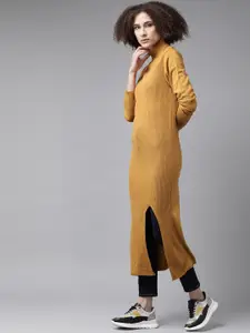 Roadster Women Mustard Yellow Ribbed Longline Pullover