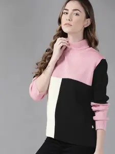 Roadster Women Pink & Black Acrylic Colourblocked Pullover