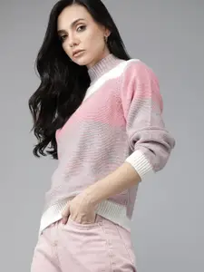 Roadster Women Grey & Pink Self-Design Pullover
