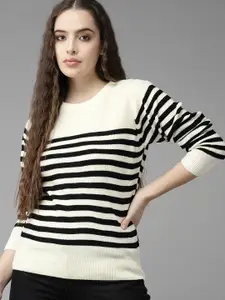 Roadster Women Cream-Coloured & Black Striped Pullover