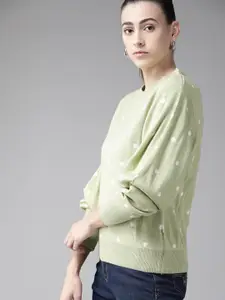 Roadster Women Green & White Polka Dots Pullover