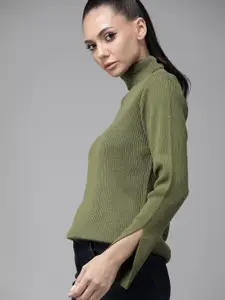 Roadster Women Olive Green Ribbed Turtle Neck Pullover