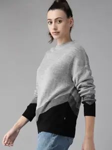 Roadster Women Grey Melange & Black Striped Pullover