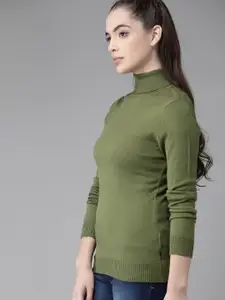 Roadster Women Olive Green Solid Turtle Neck Pullover