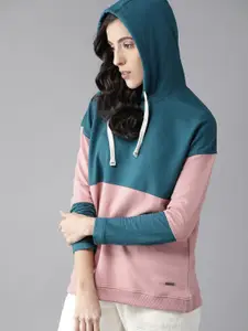 Roadster Women Teal Green & Pink Colourblocked Hooded Sweatshirt