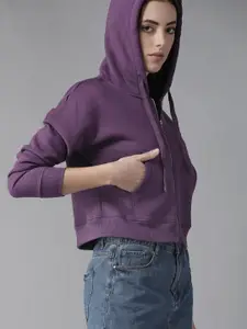 Roadster Women Purple Solid Hooded Sweatshirt