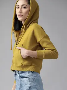 Roadster Women Mustard Yellow Solid Hooded Sweatshirt